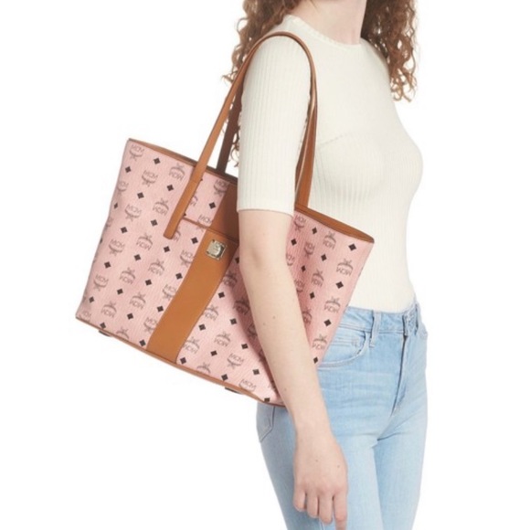 MCM New With Tags Anya Top Zip Shopper Soft Pink Black Logo Canvas/ Leather Tote - Picture 13 of 13